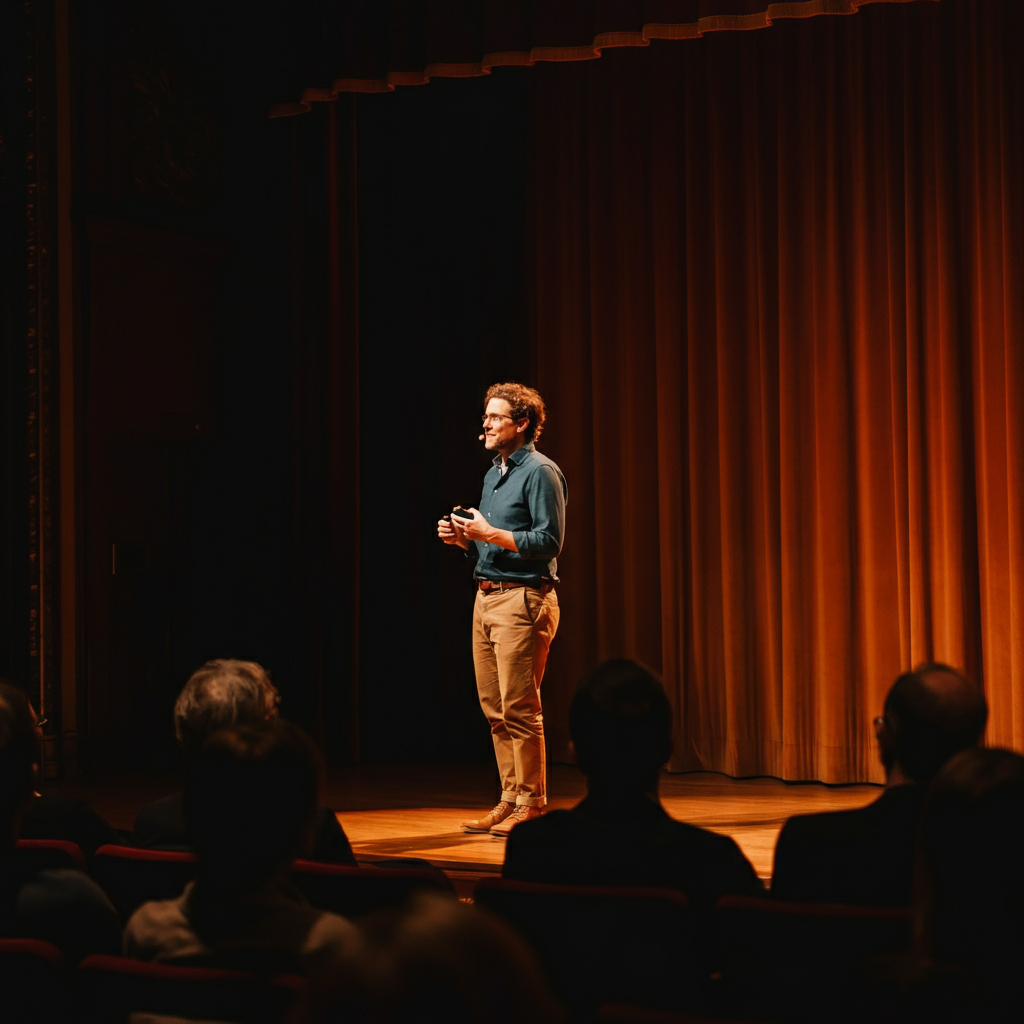 A person standing on a stage, bathed in warm spotlight, telling a story to an attentive audience. The background is dark and blurred, emphasizing the speaker's presence. The texture of the stage curtains is subtly visible.