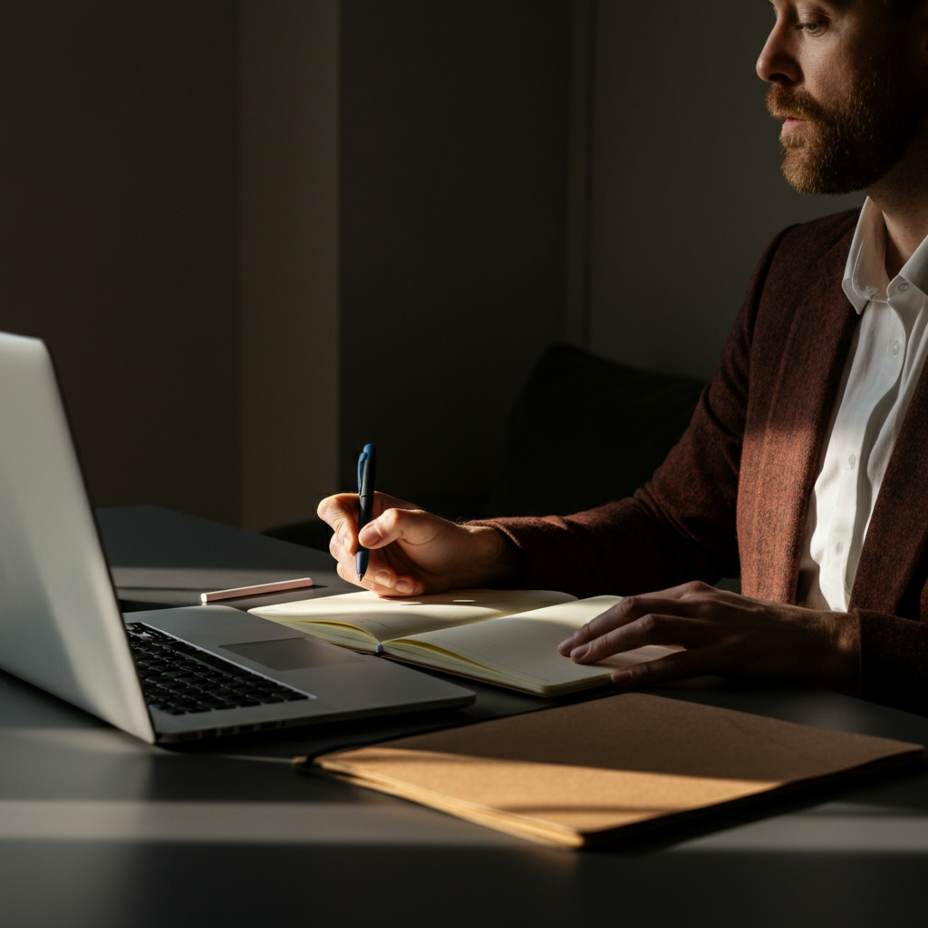 A person sitting at their desk, reviewing notes and reflecting on a presentation they gave. The desk is tidy and organized, with a laptop, notebook, and pen neatly arranged. Natural light fills the room, creating a calm and productive atmosphere.