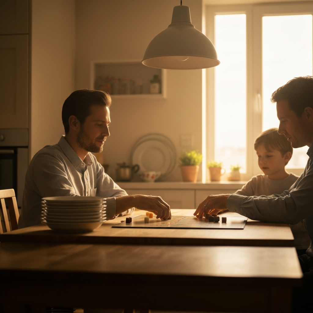 A warmly lit kitchen table with a family playing a board game. Soft bokeh in the background with dishes stacked neatly to the side. Golden hour lighting streams through the window.