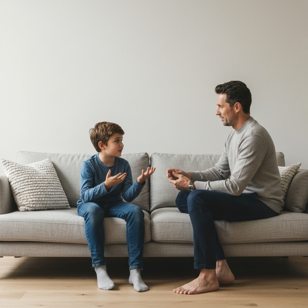 A parent sits on a sofa, making eye contact, with a child who is explaining something with their hands. The room is decorated with calming, neutral colors. Side-lit textures on the sofa cushions.