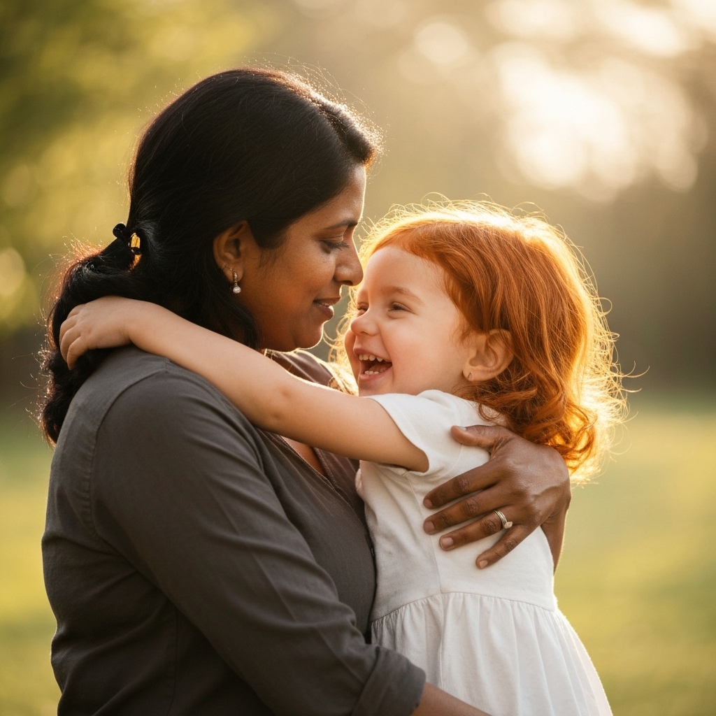 A parent hugging a child, side-lit, with soft focus on the background. The parent's hand rests gently on the child's back. Warm, comforting light.