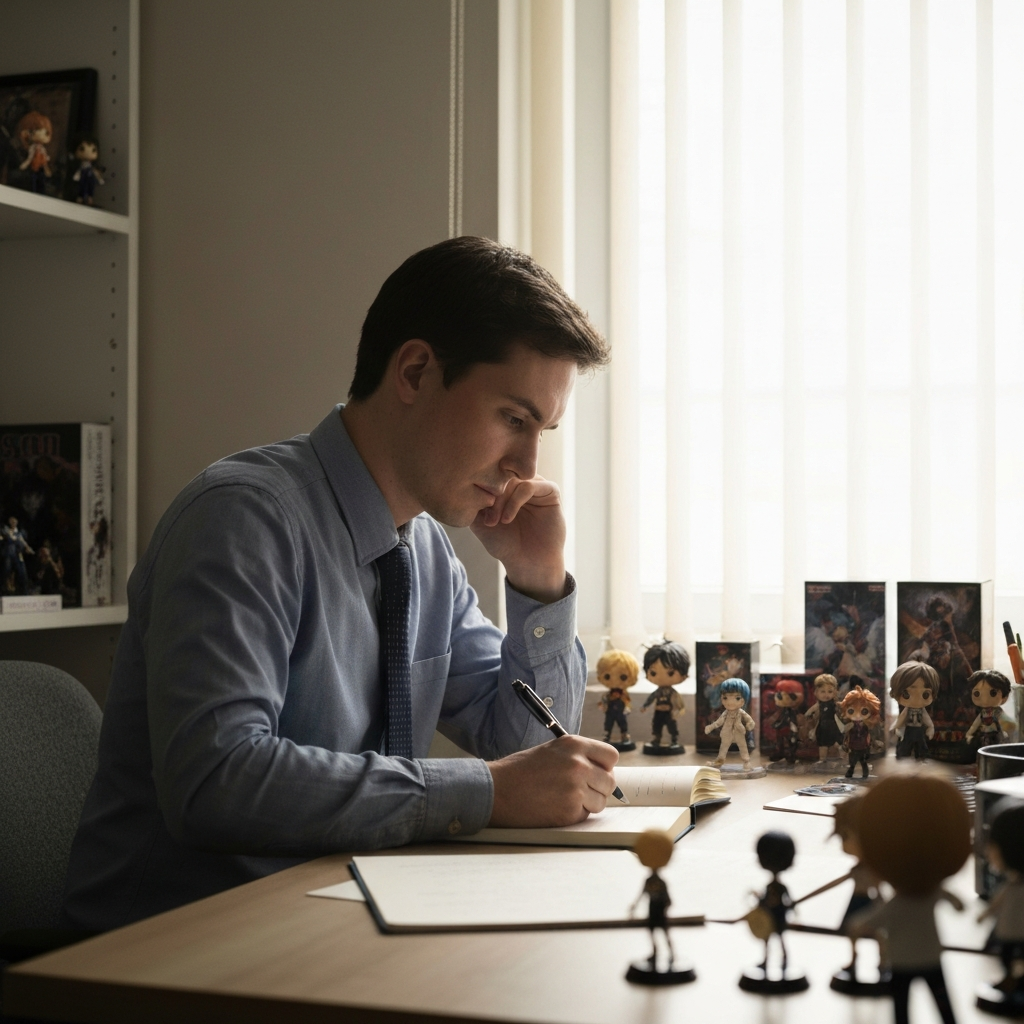 A person sitting at a desk, surrounded by fan merchandise, thoughtfully writing in a journal with a pen. Soft, diffused daylight streams in from a nearby window, highlighting the textures of the paper and the various figurines on the desk. The room is tidy and organized, suggesting a focused environment.