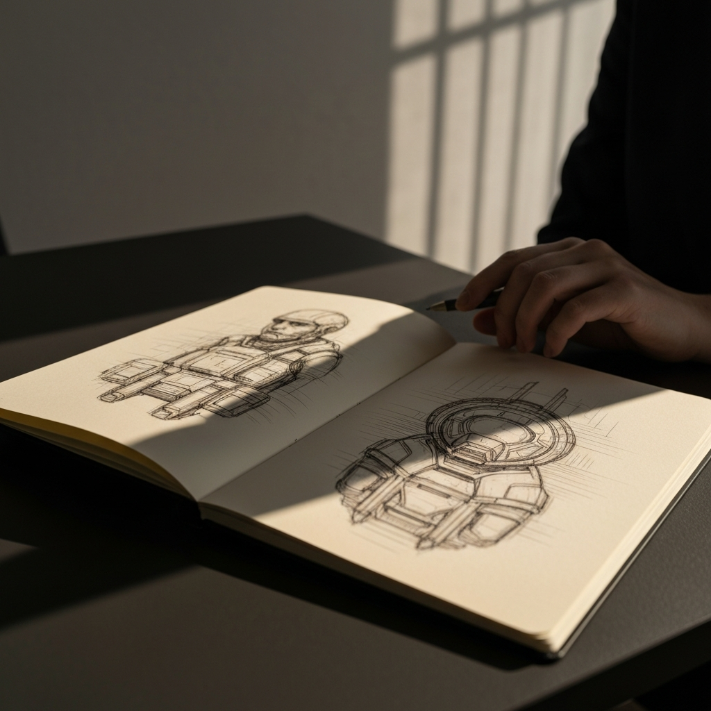 A close-up of a sketchbook lying open on a table, showcasing detailed drawings inspired by a sci-fi film. The sketchbook is illuminated by a warm, focused light, casting dramatic shadows and emphasizing the artist's linework.