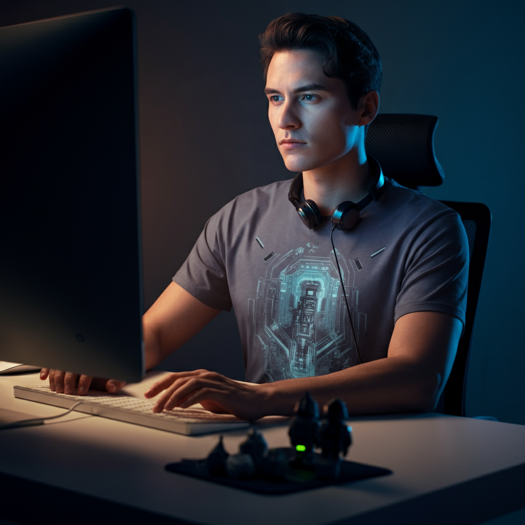 A person wearing a subtle sci-fi-themed t-shirt, sitting at a desk with a computer. They are typing on the keyboard with focus, and headphones rest around their neck. The desk is clean and organized, with a few small fandom-related items as decoration.