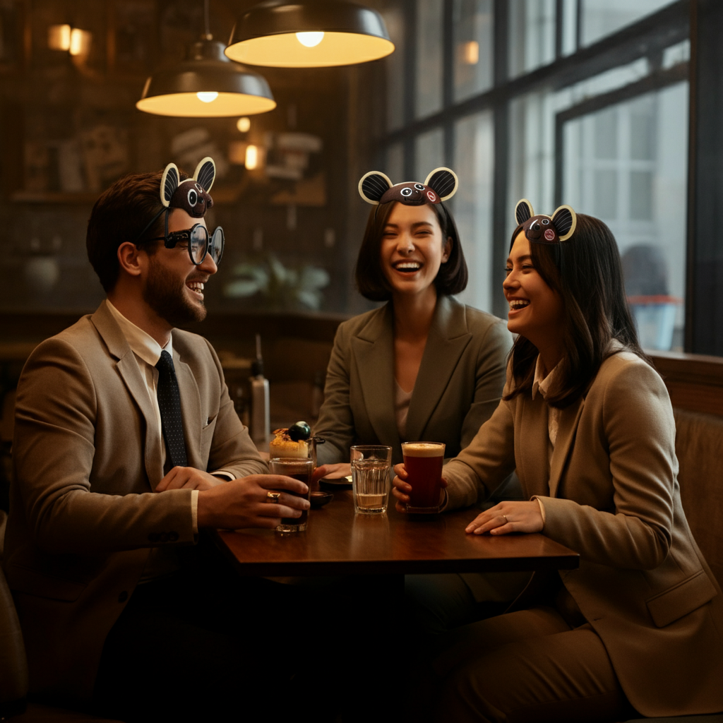 A group of people sitting around a table, laughing and engaging in a lively conversation. They are wearing subtle fandom-related accessories and holding drinks. The environment is a relaxed and welcoming coffee shop.