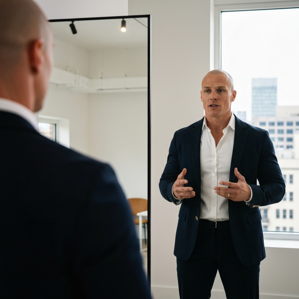 A person standing confidently in front of a mirror, practicing a speech or presentation. They are dressed in professional attire and exude an air of determination and self-assurance. The mirror reflects a well-lit and modern room.