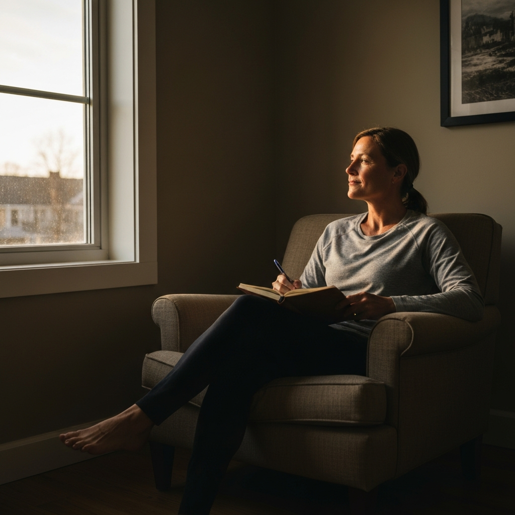 A person sitting on a comfortable armchair, holding a journal and pen. They are looking out the window with a serene expression. The room is bathed in soft, natural light, creating a warm and inviting atmosphere.