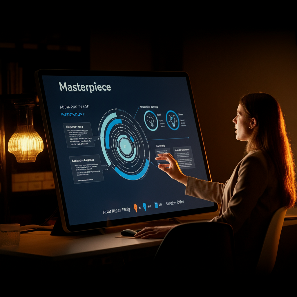 A person giving a presentation on a screen displaying an infographic. The lighting is warm and inviting, with the focus on the presenter and the infographic. The overall feeling is professional and informative.