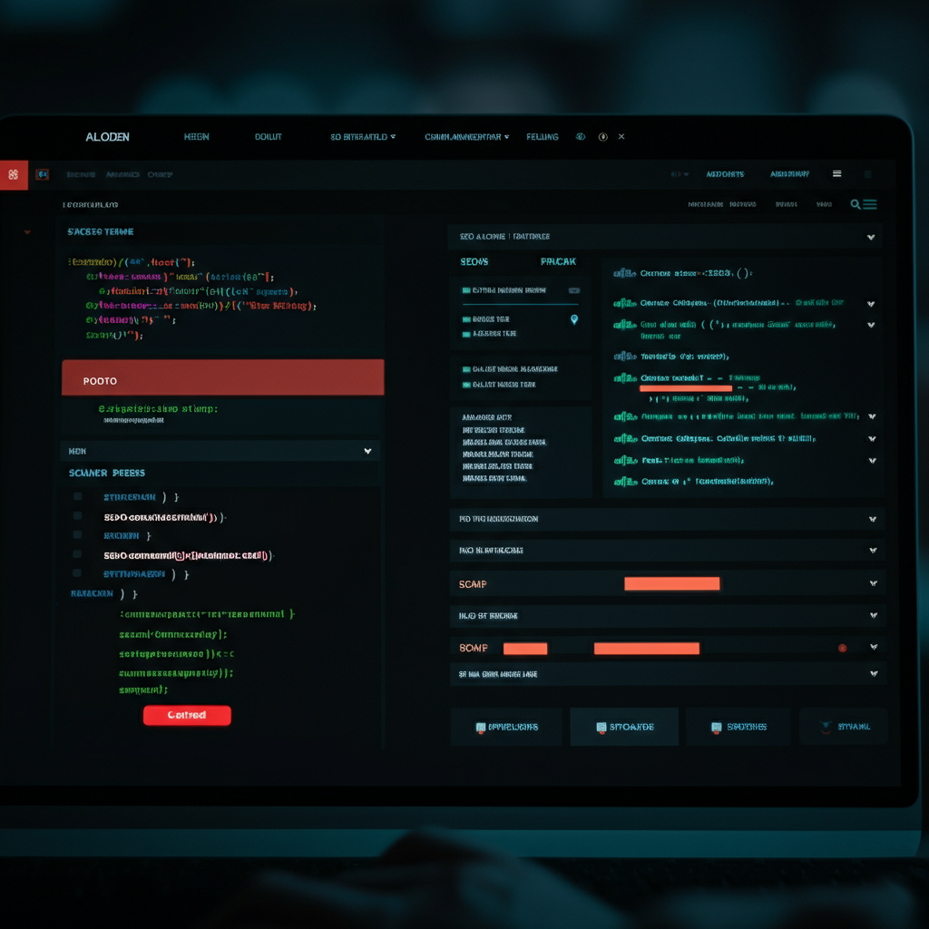 A graphic representation of a website's backend, showing code snippets and SEO optimization settings. The lighting is cool and professional, highlighting the technical aspects of the process.