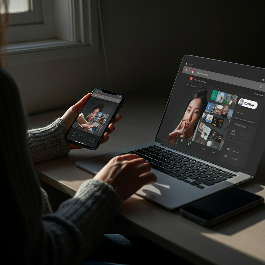 A person using a smartphone and a laptop, simultaneously managing social media posts and email marketing campaigns. The lighting is dynamic and energetic, reflecting the fast-paced nature of content promotion.