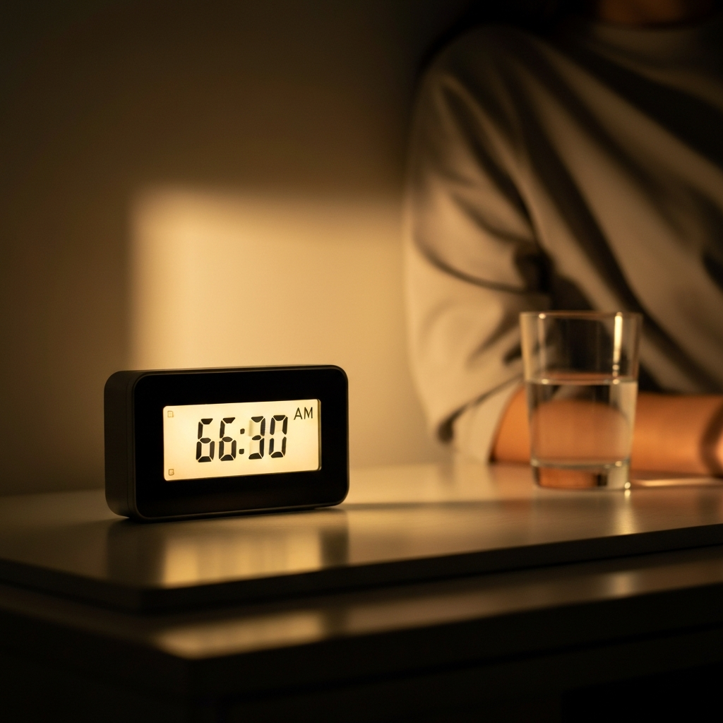 A close-up shot of a modern digital alarm clock displaying 6:30 AM, soft golden light gently illuminating the clock face and a partially visible bedside table with a glass of water.