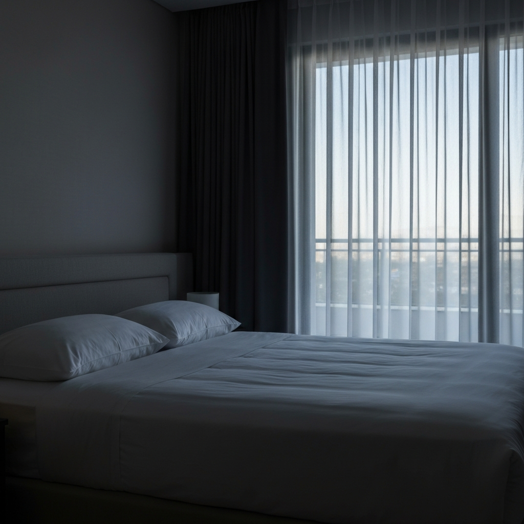 A dimly lit, modern bedroom at twilight. Soft, diffused light streams in through partially drawn blackout curtains. The focus is on a neatly made bed with crisp, white linens and two plush pillows. The room has a calming, minimalist aesthetic.