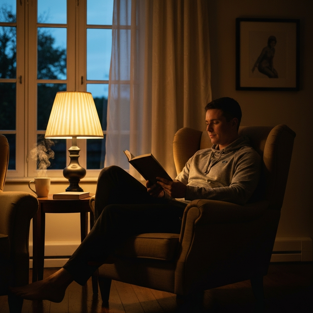 A person sits comfortably in an armchair in a warm, inviting living room, bathed in the soft glow of a table lamp. They are reading a book, their face relaxed and peaceful. A steaming mug sits on a nearby side table.