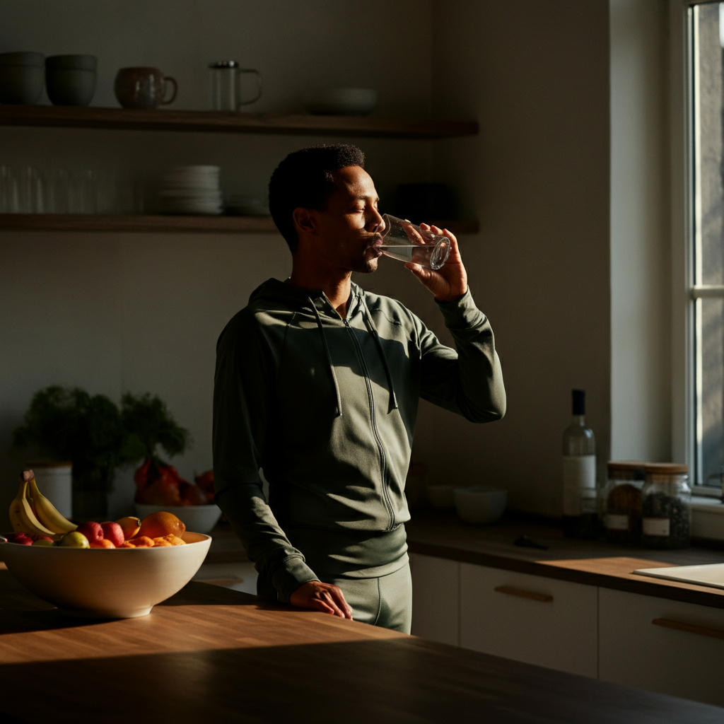 A person in athletic wear stands in a brightly lit kitchen, drinking water from a glass. Natural light floods the room through a large window. A bowl of fresh fruit sits on the countertop.