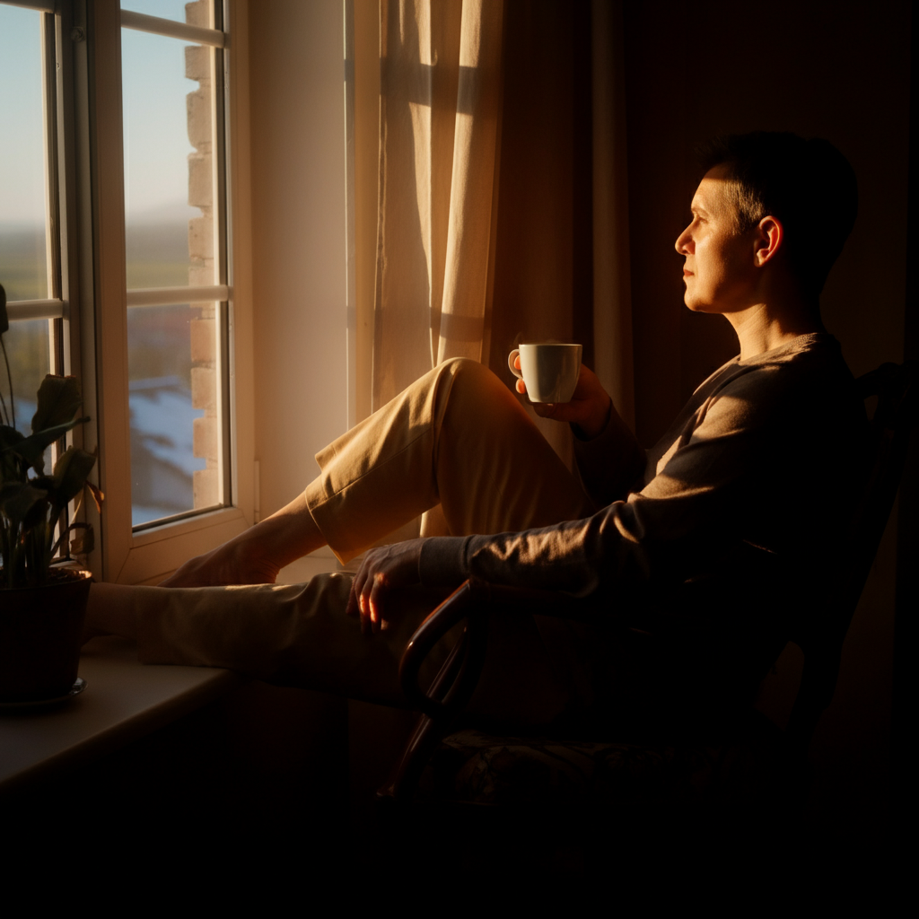 A person sits by a window in the early morning, bathed in the soft, golden light of sunrise. They are drinking coffee and looking out at a tranquil landscape. The light casts long shadows, highlighting the textures of the room.