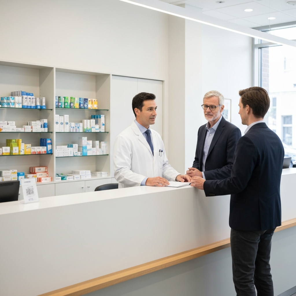 A pharmacist in a clean, well-lit pharmacy stands behind a counter, explaining something to a customer. The pharmacist is wearing a professional lab coat, and the customer is listening attentively.