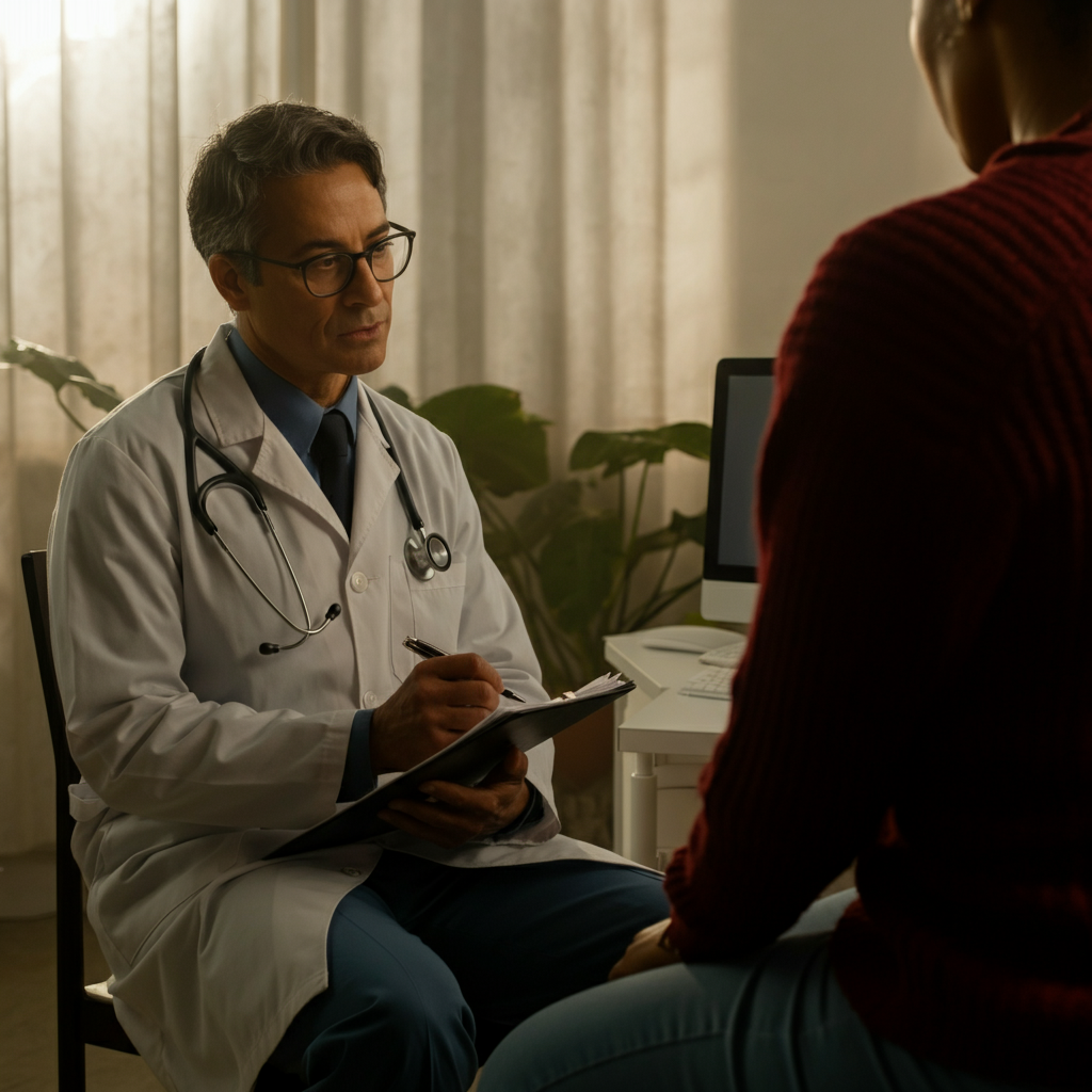 A doctor in a modern, calming office speaks with a patient. The doctor is reviewing notes, and the patient appears to be describing their symptoms. Soft, natural light fills the room.