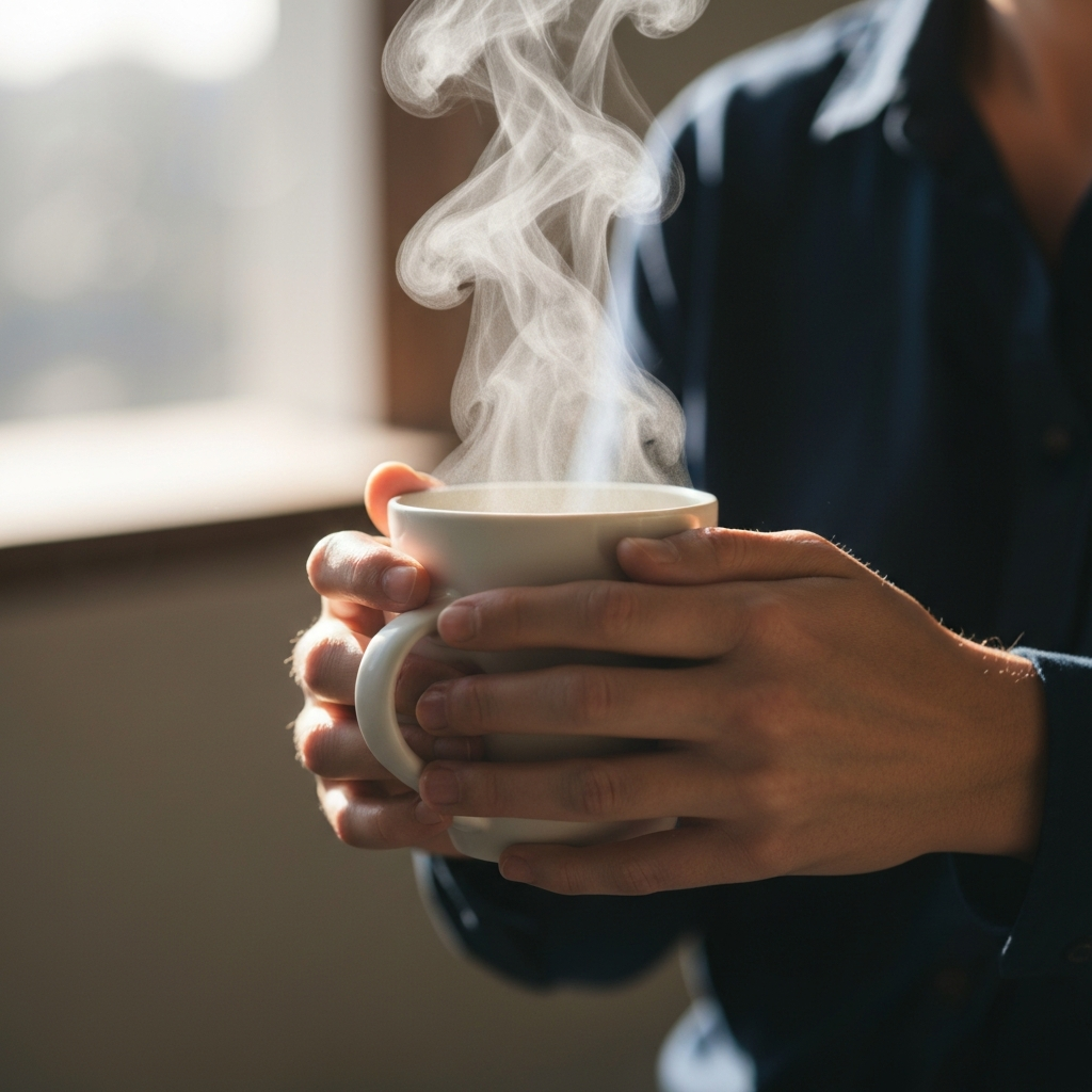 Close-up of hands holding a warm mug, soft focus on the swirling steam, bathed in gentle morning light.