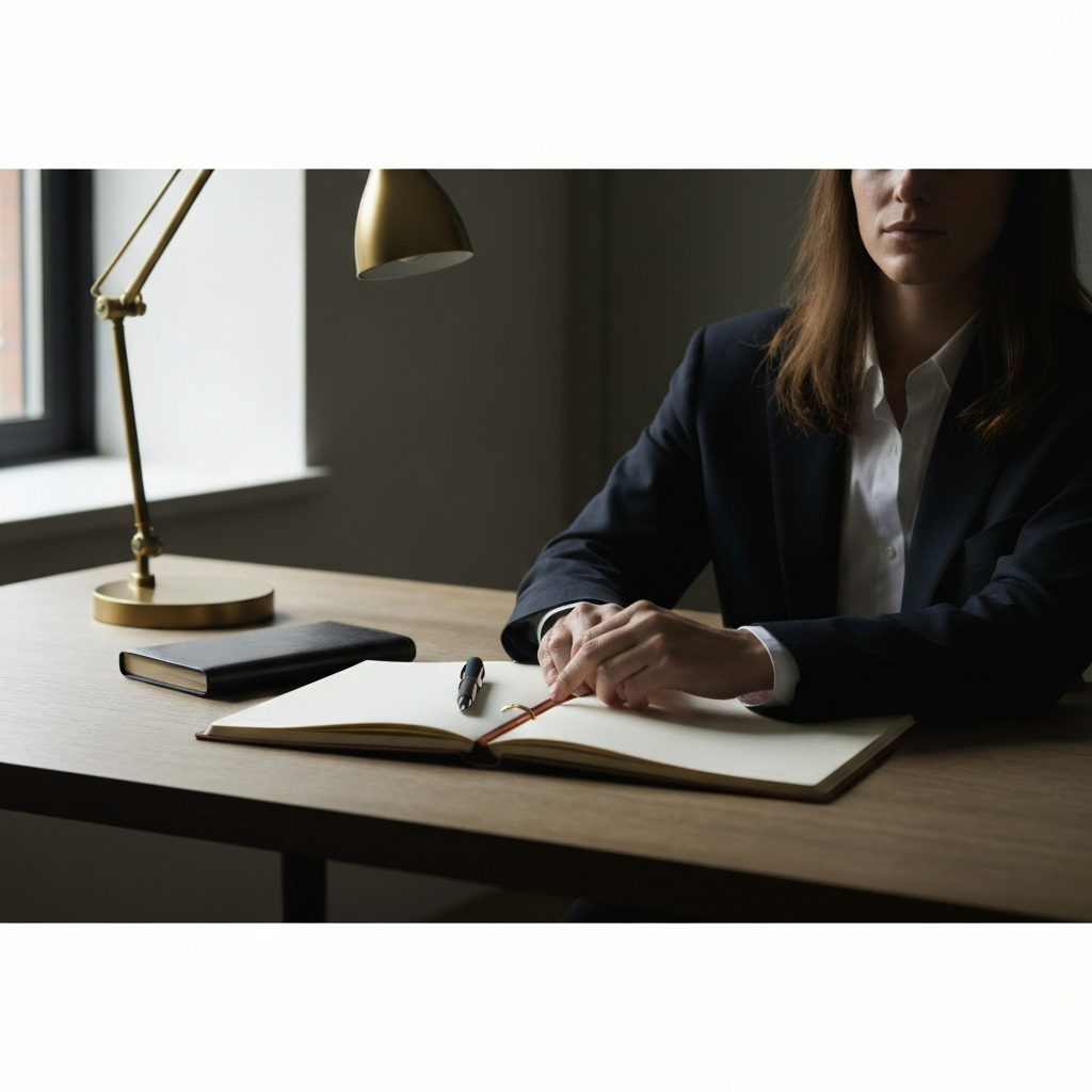 A well-organized desk with a leather-bound journal, a pen resting on the open page, soft ambient light filtering through a window.