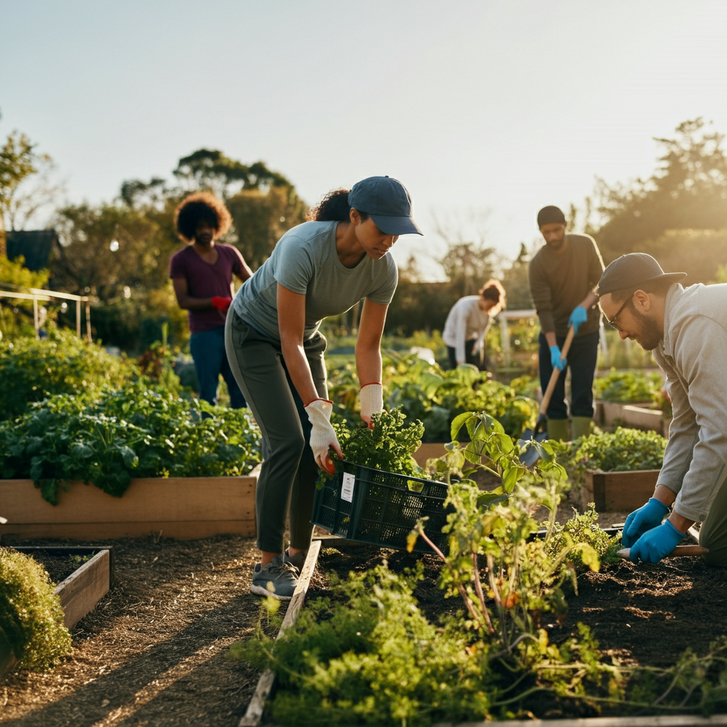 A diverse group of people volunteering at a community garden, earthy textures of soil and plants visible, bathed in golden hour lighting.