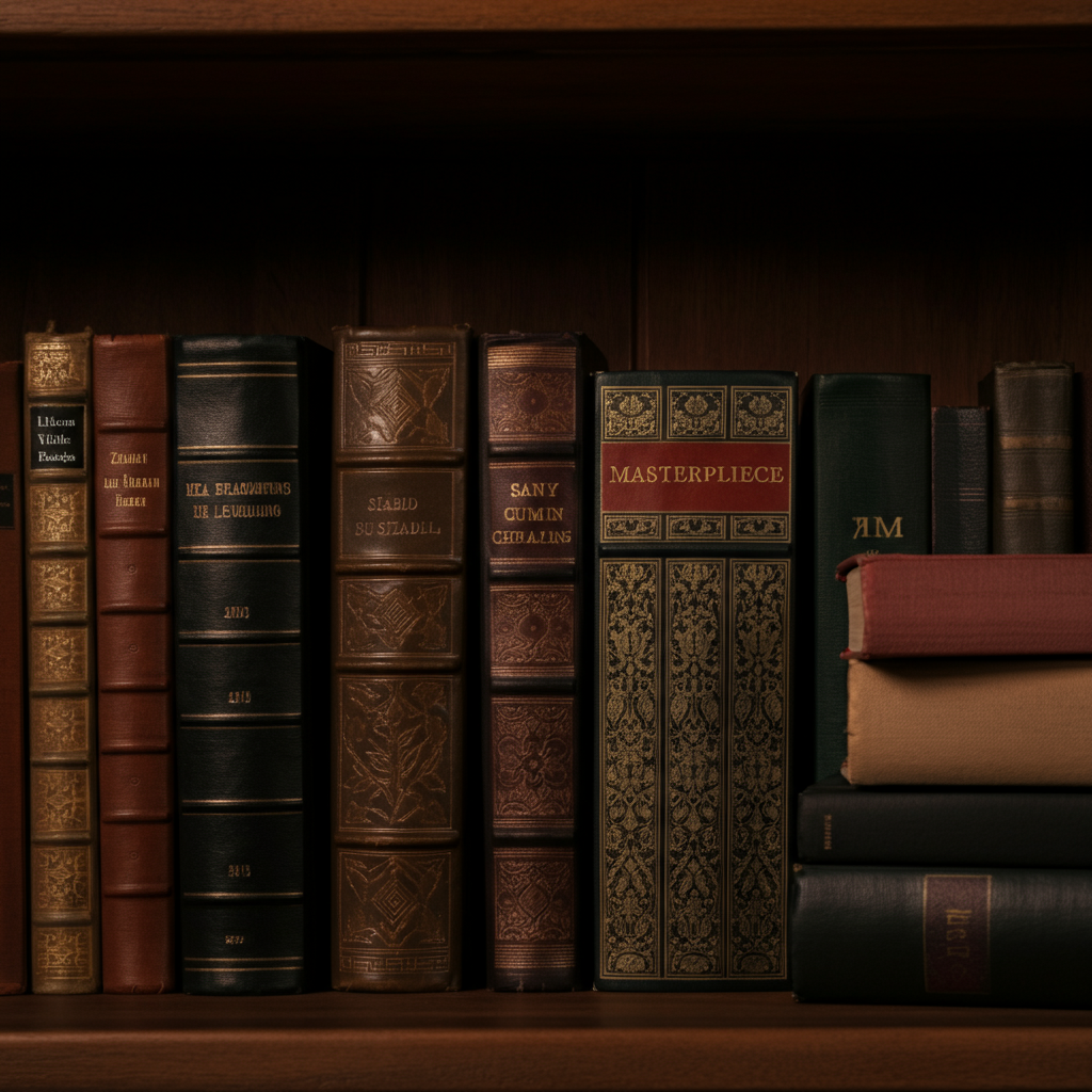 A bookshelf filled with diverse books, soft bokeh effect on the background, warm light highlighting the spines.