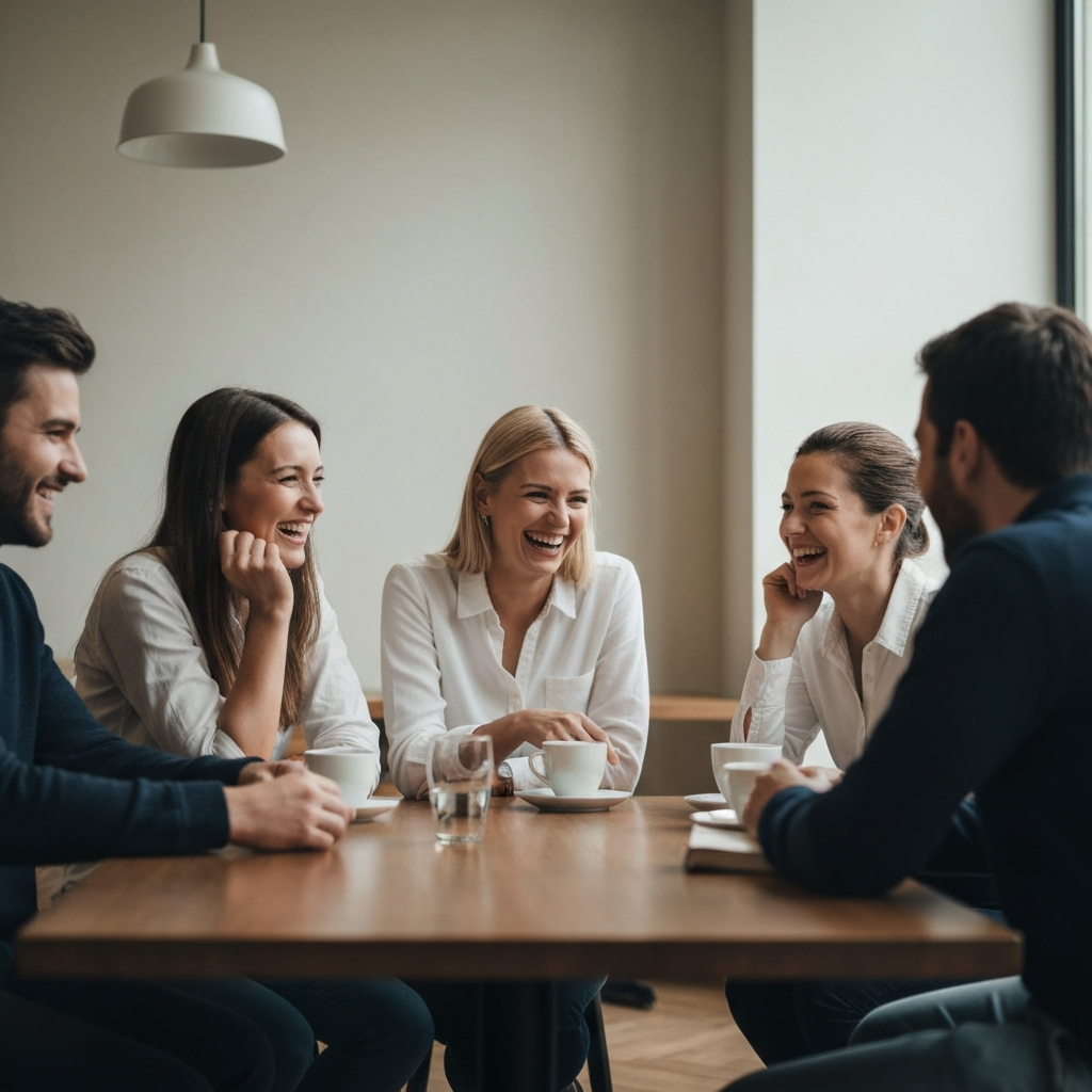 A group of friends laughing together at a cafe, warm and inviting atmosphere, soft focus on the background.