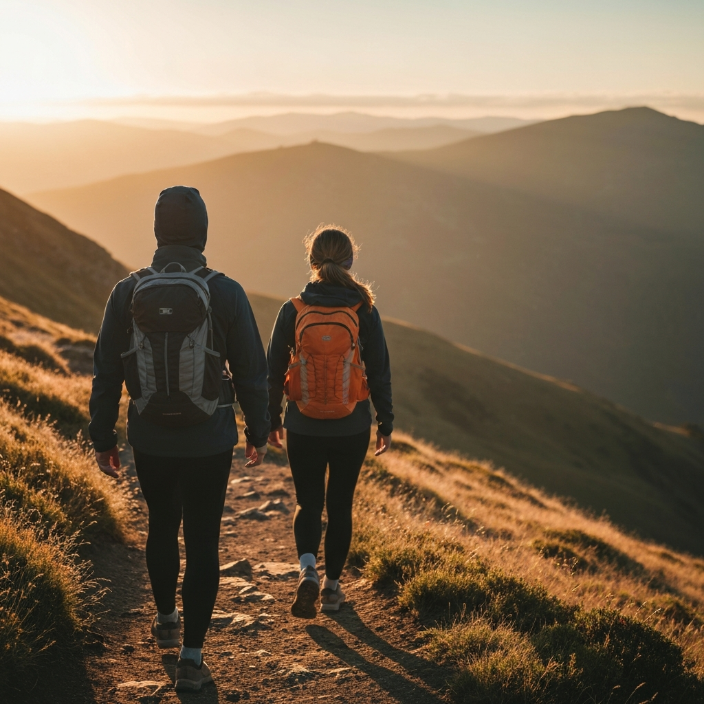 A person hiking on a mountain trail at sunrise, looking out at the vast landscape, soft golden light.