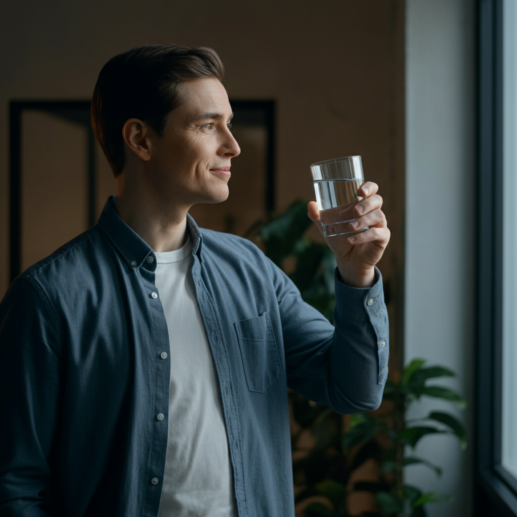 A person in a well-lit office setting, casually holding a clear glass of water and smiling subtly while looking towards a window with soft natural light. The background is slightly blurred (soft bokeh) with office plants visible.