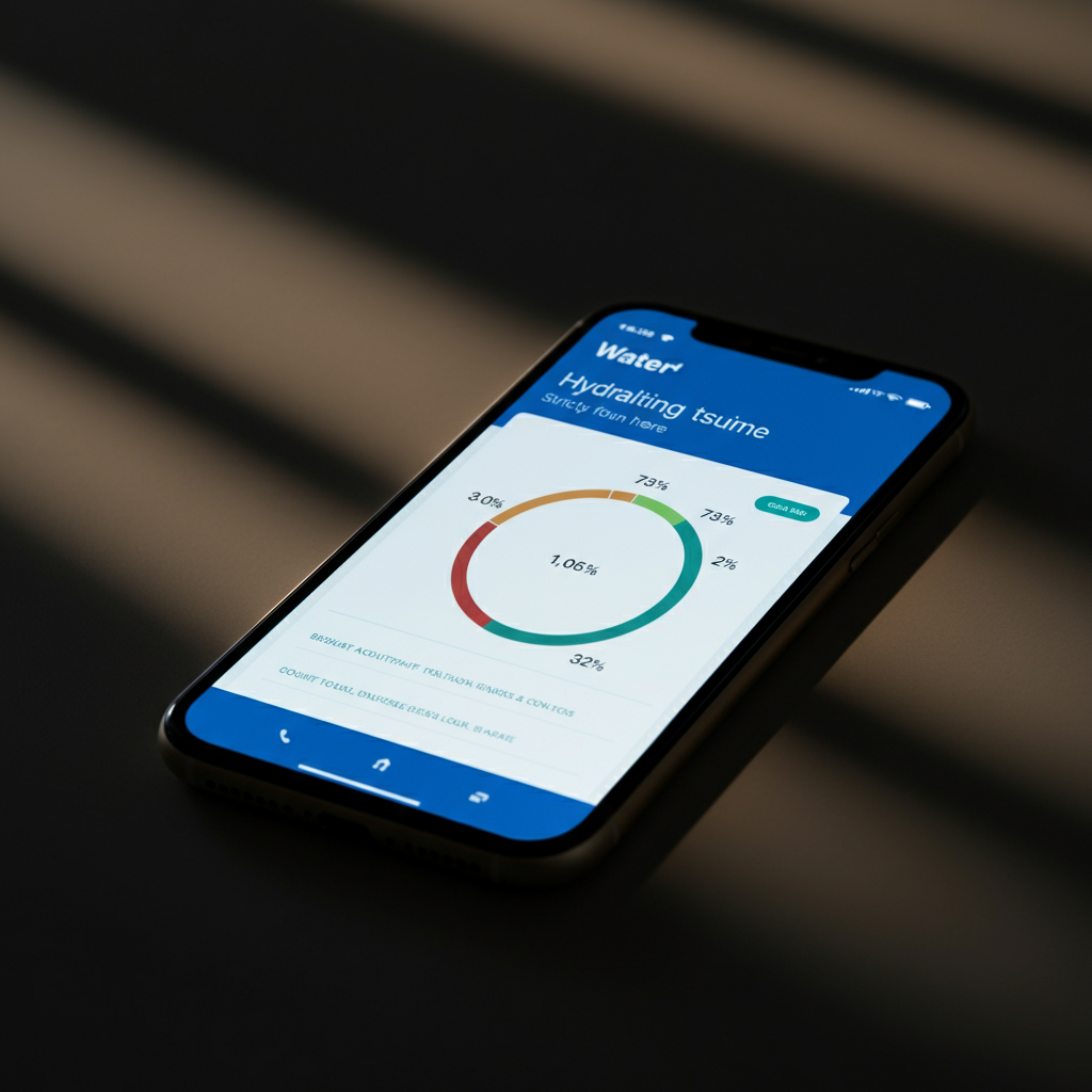 A close-up shot of a smartphone displaying a hydration tracking app. The screen shows water intake data, goals, and graphical progress. Focus is sharp on the screen with a shallow depth of field.