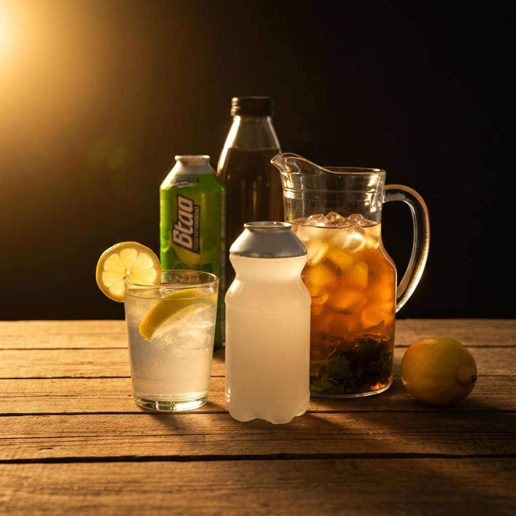A beautifully arranged collection of various hydration beverages on a rustic wooden table. Include a glass of water with lemon slices, a pitcher of iced herbal tea, and a sports drink. Focus on textures and golden hour lighting.