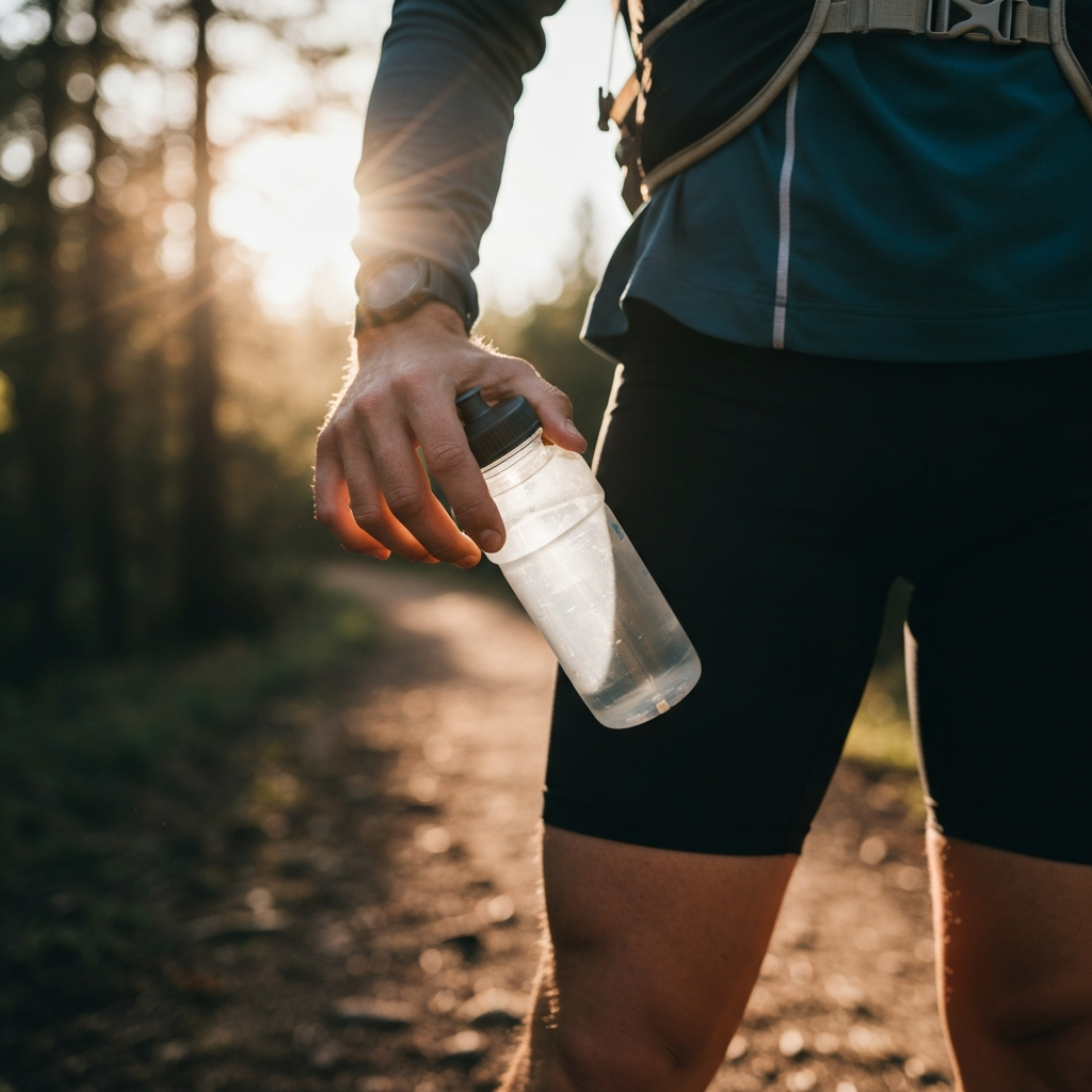A runner on a trail, reaching for a water bottle from their hydration pack. Sun flares subtly through the trees. Focus on the runner's hand and the water bottle, with the trail in the background.