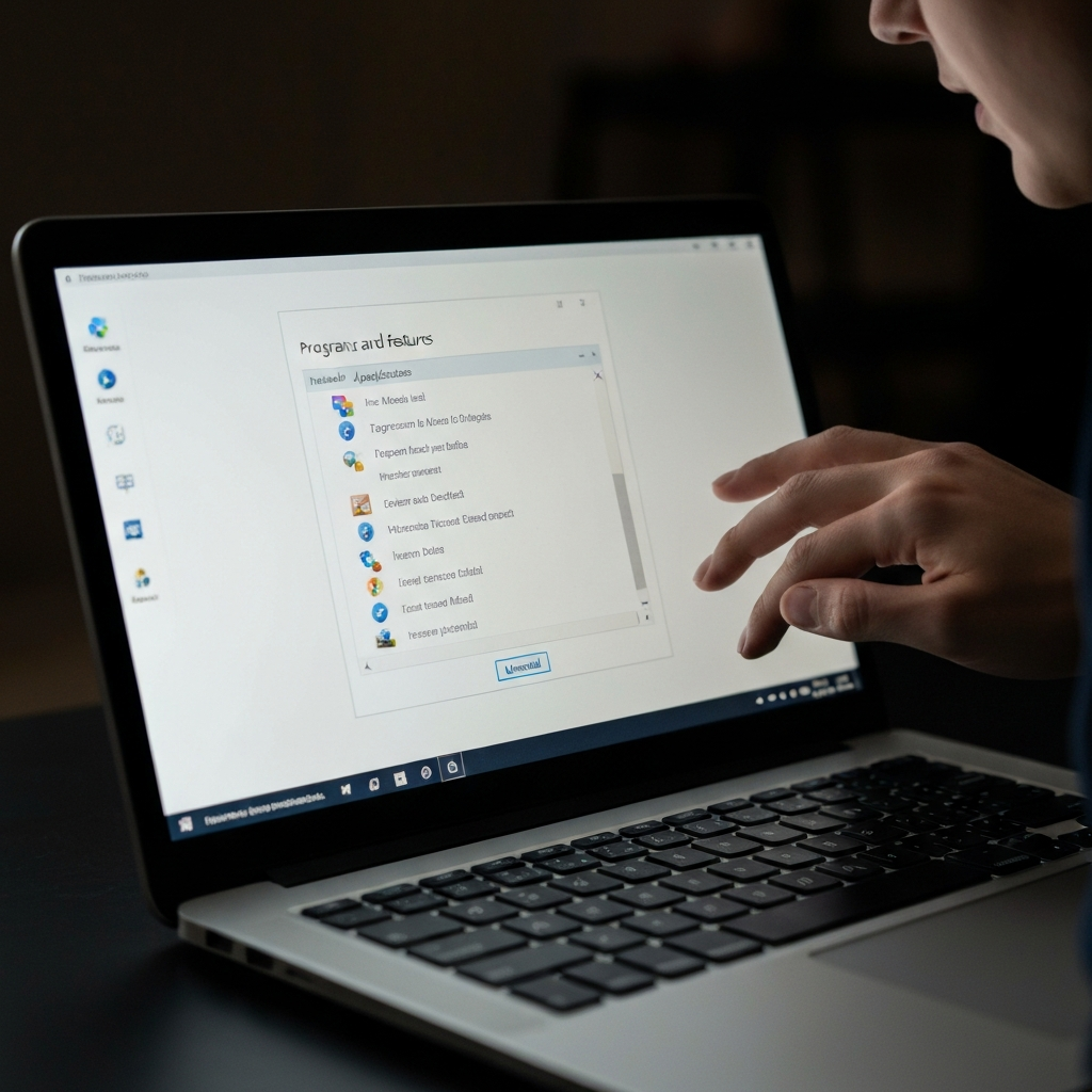Close-up shot of a laptop screen displaying the Windows "Programs and Features" window, highlighting a list of installed applications. Soft, diffused lighting illuminates the screen. A hand is slightly blurred in the background, poised to click on "Uninstall".