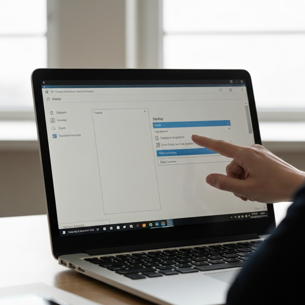 A brightly lit workspace. A laptop sits open, focusing on the Task Manager in Windows. The "Startup" tab is selected, and a user's hand is hovering over the "Disable" button for a program entry. The ambient light creates a subtle glare on the screen.