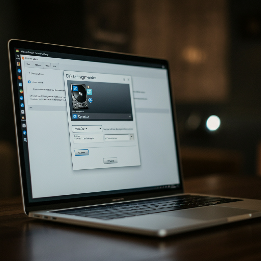 Laptop screen showing the Windows Disk Defragmenter utility. The hard drive is selected, and the "Optimize" button is highlighted. The screen is side-lit, casting a soft shadow and emphasizing the texture of the laptop casing.