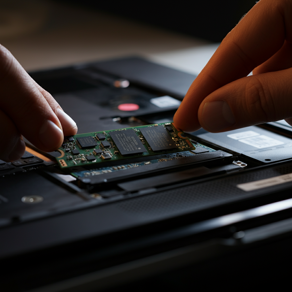A close-up shot of an open laptop with an SSD being carefully installed into the drive bay. Soft focus in the background. The lighting highlights the intricate details of the SSD components and the interior of the laptop.