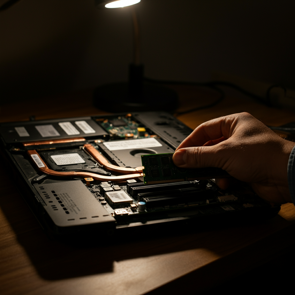 A dimly lit, organized workspace. A person is carefully inserting a RAM module into the motherboard of a laptop. The image is slightly tilted, creating a dynamic feel. The soft glow of a nearby lamp illuminates the components.