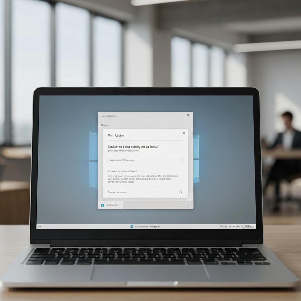 A laptop screen showing the Windows Update settings window. The screen displays a message indicating that updates are available and ready to install. The surrounding environment is a modern office, blurred in the background.