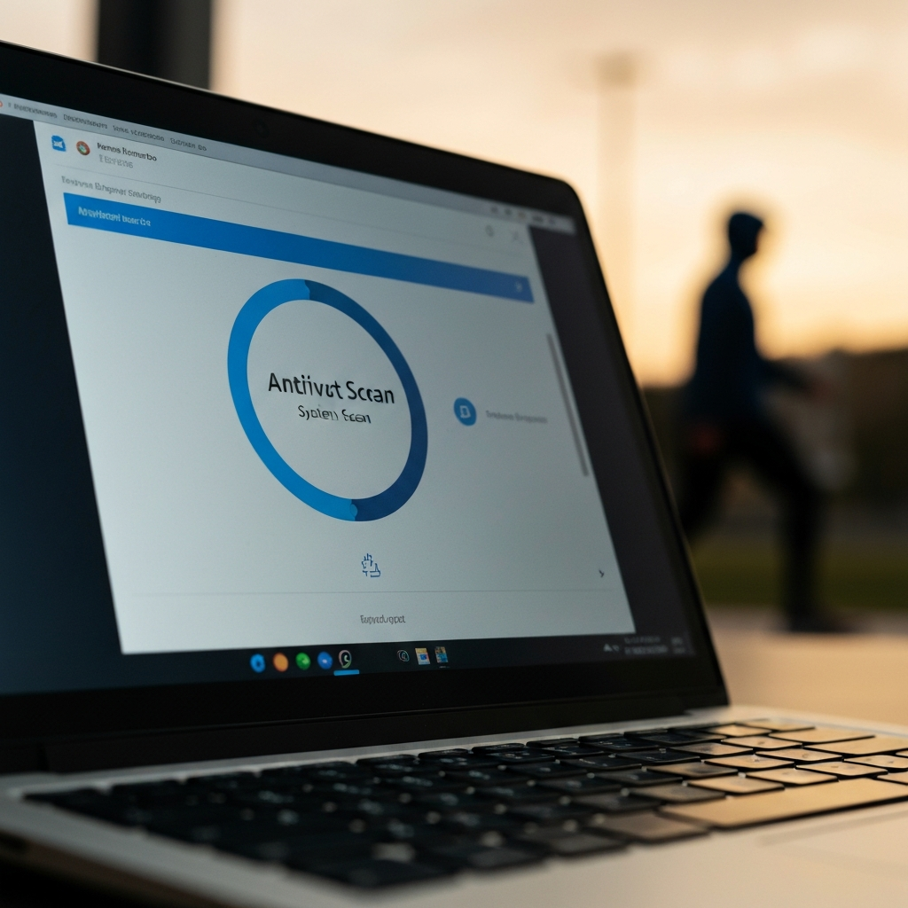 A close-up shot of a laptop screen displaying the interface of an antivirus software program, with a progress bar indicating an ongoing system scan. The focus is sharp on the screen, with a shallow depth of field blurring the background.