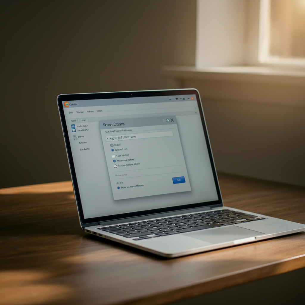 A laptop open on a wooden desk. The screen shows the Power Options in Windows Control Panel. The "High performance" plan is selected. Natural light streams in from a nearby window, creating a warm and inviting atmosphere.