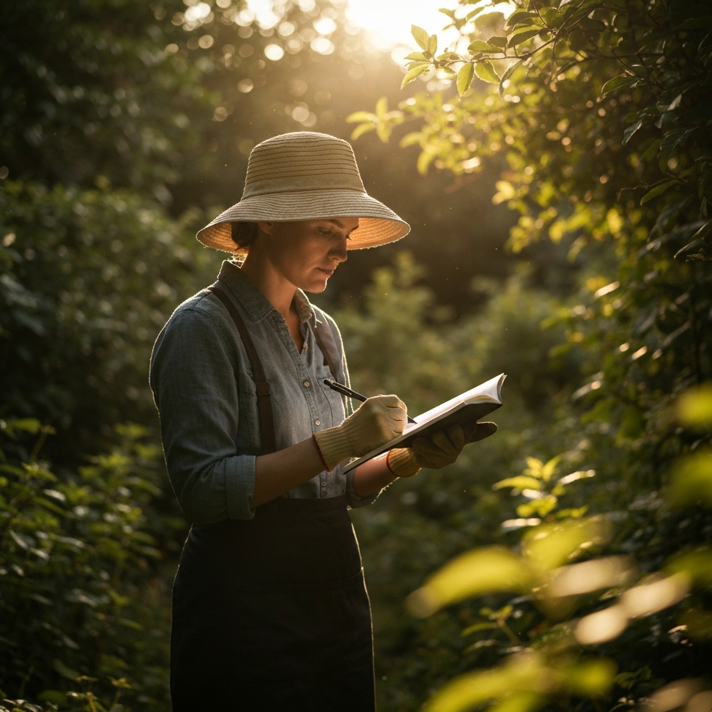 A person wearing gardening gloves and a sun hat stands in an overgrown garden, sketching in a notebook. Golden hour lighting shines through the dense foliage, creating dappled shadows. The person is focused on their task, showing determination. Soft bokeh blurs the background, highlighting the person and the notebook.