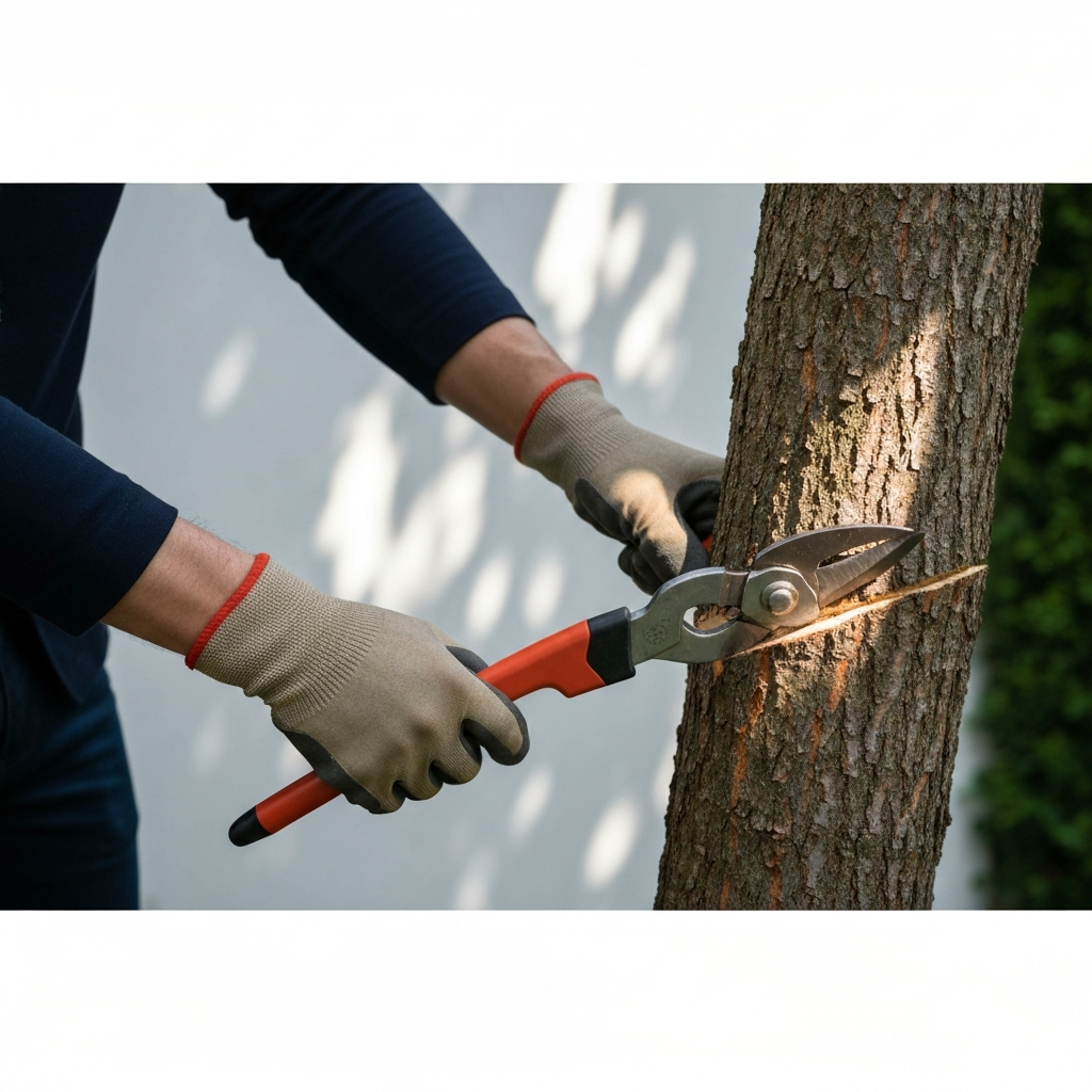 Close-up shot of hands wearing heavy-duty gardening gloves using loppers to cut through a thick branch. The bark of the branch is textured and side-lit. The background is blurred, with hints of dense green foliage.