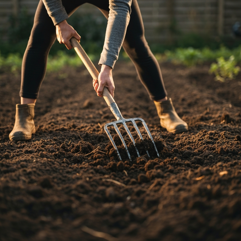 Medium shot of a person using a garden fork to turn over soil in a garden bed. The soil is dark and rich, with visible organic matter. Soft, diffused sunlight illuminates the scene. The person is wearing work boots and gardening pants.