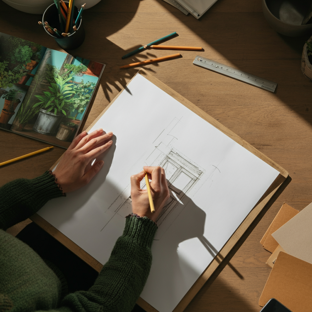 Overhead shot of a person's hands working on a garden design on a drafting table. Colored pencils, plant catalogs, and a ruler are scattered around. Natural light streams in from a nearby window.