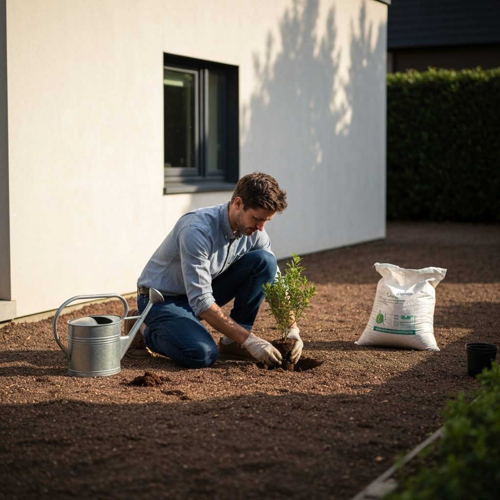 Medium shot of a person planting a small shrub in a garden bed. The person is kneeling and carefully placing the plant in the hole. A watering can and a bag of mulch are nearby. The sunlight is soft and warm.