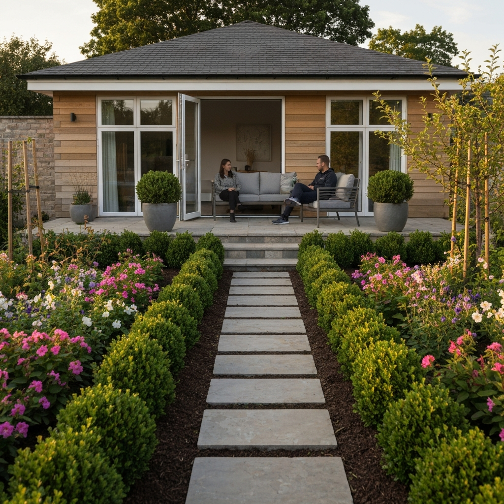 Wide shot of a newly renovated garden. Flowers are in full bloom, shrubs are neatly trimmed, and a stone pathway leads to a cozy seating area. Two people are sitting on the patio, enjoying the view. The lighting is soft and golden, creating a sense of peace and tranquility.