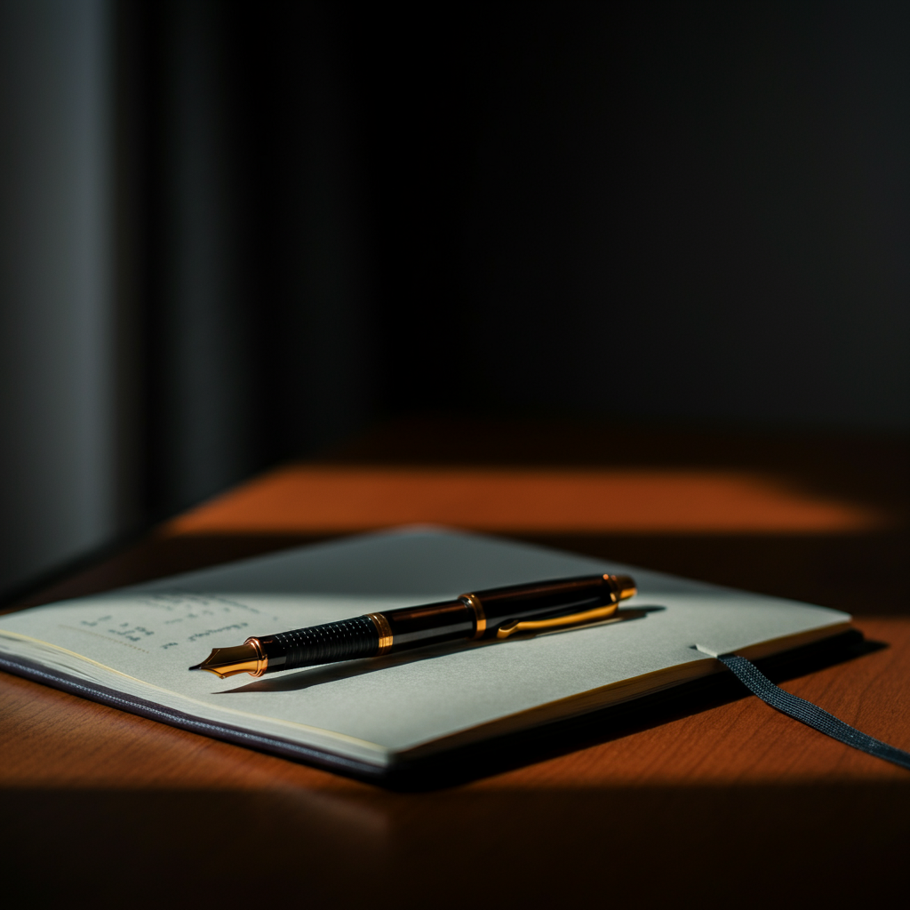 Close-up shot of a journal and pen on a wooden desk. Soft, natural light filters in from a nearby window, illuminating the textured paper and the metallic sheen of the pen. The background is blurred, suggesting a quiet and contemplative atmosphere.