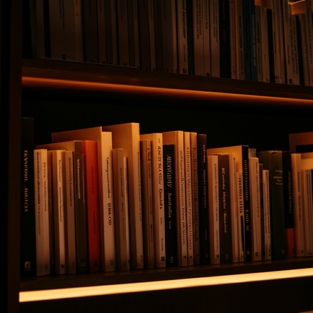 A bookshelf filled with various books on philosophy, religion, and ethics. The lighting is warm and inviting, highlighting the spines of the books and creating a sense of intellectual curiosity. The focus is sharp on the books, with a slight depth of field.