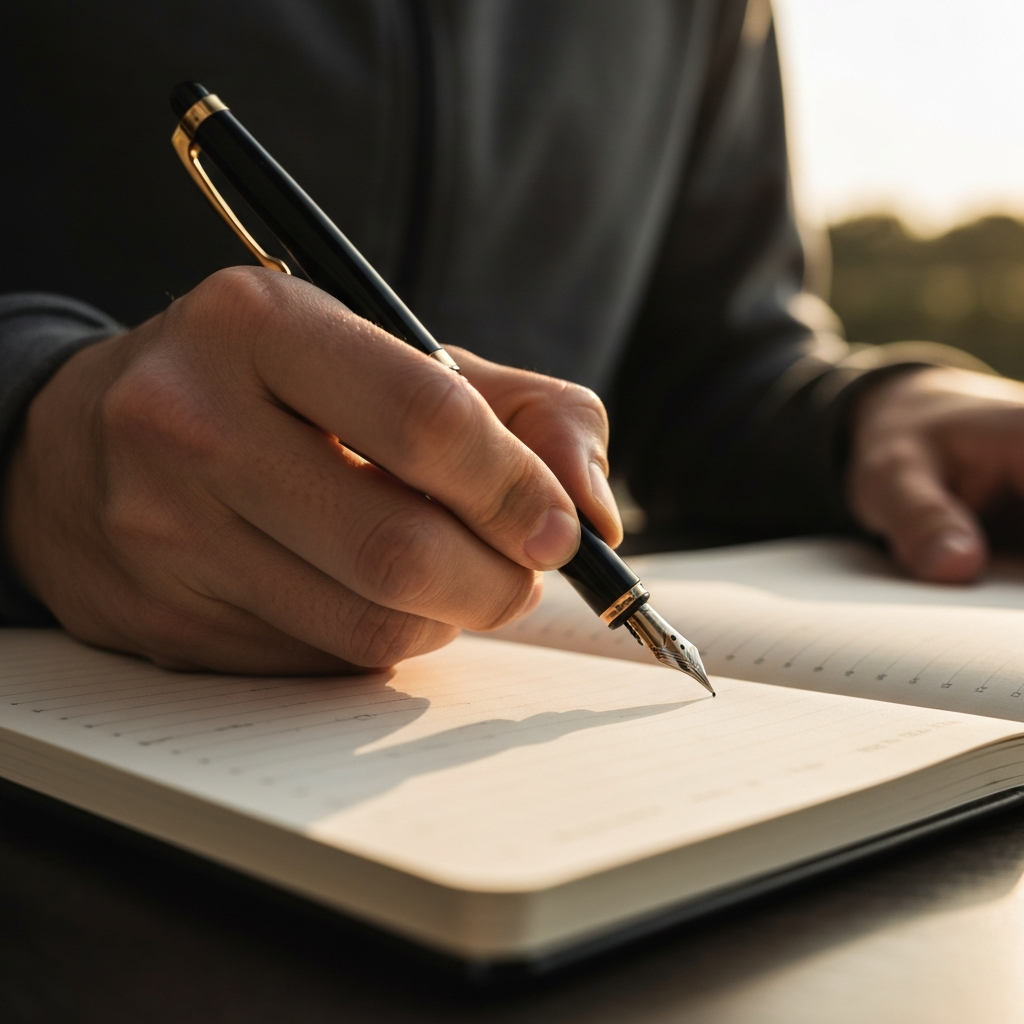A hand writing in a notebook with a fountain pen. The hand is gently lit, highlighting the texture of the skin and the flow of ink on the paper. The notebook is slightly out of focus, creating a sense of movement and purpose.