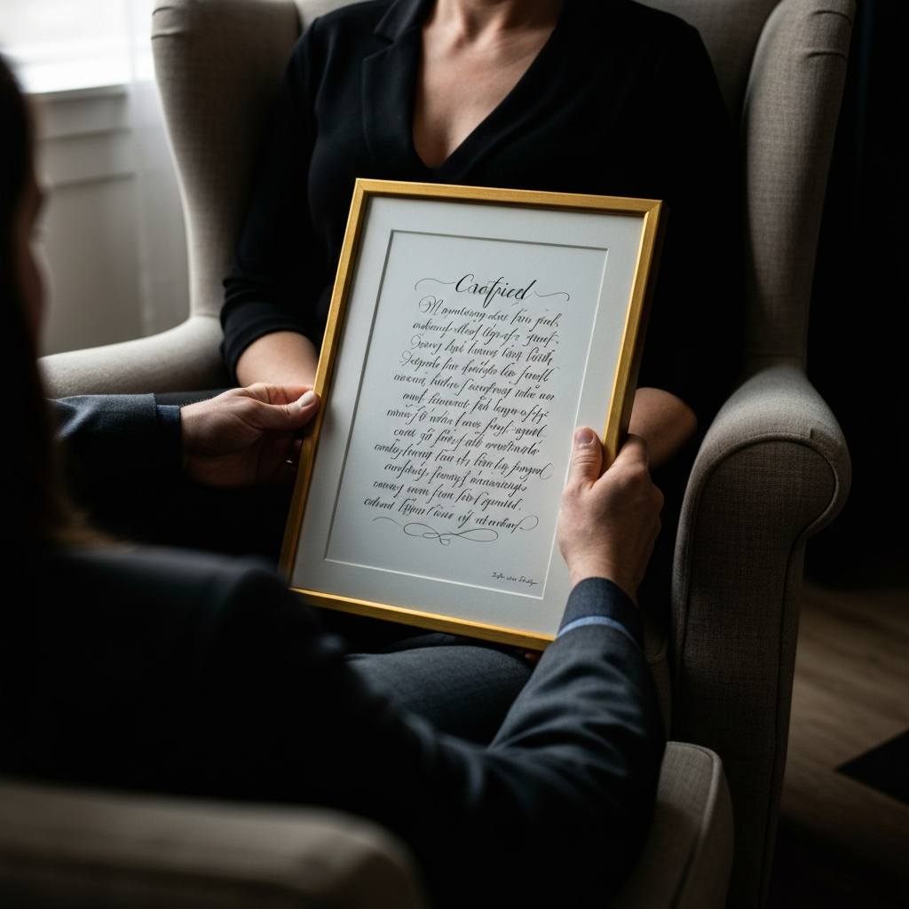 A person sitting in a comfortable armchair, holding a framed piece of paper with elegant calligraphy. The lighting is soft and diffused, creating a sense of warmth and contentment. The focus is on the framed creed, with a slight blur in the background.