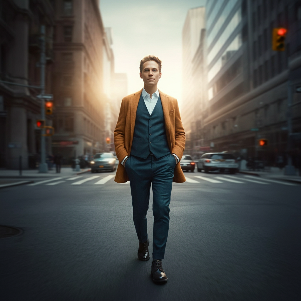A person walking confidently down a city street, with a determined look on their face. The lighting is bright and vibrant, showcasing the energy of the city and the person's sense of purpose. The background is slightly blurred, emphasizing the person's forward momentum.